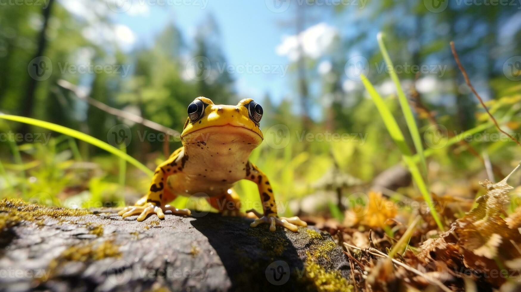 foto di rana nel là foresta con blu cielo. generativo ai