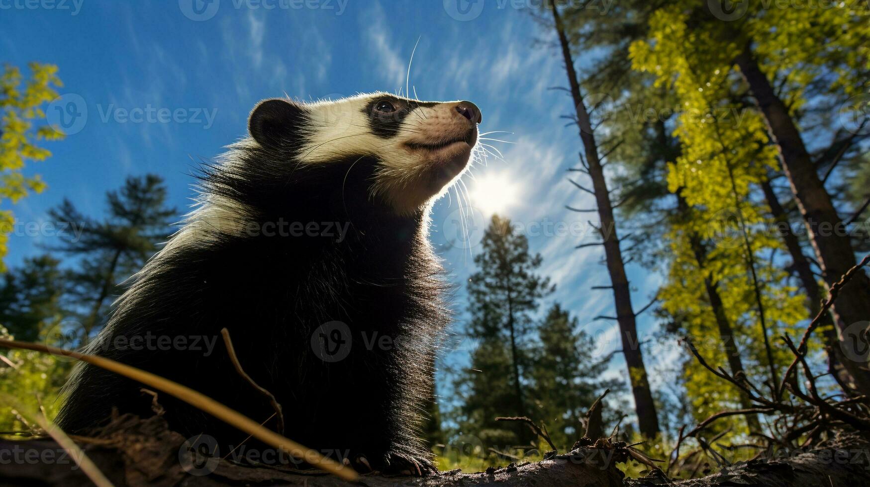 foto di puzzola nel là foresta con blu cielo. generativo ai