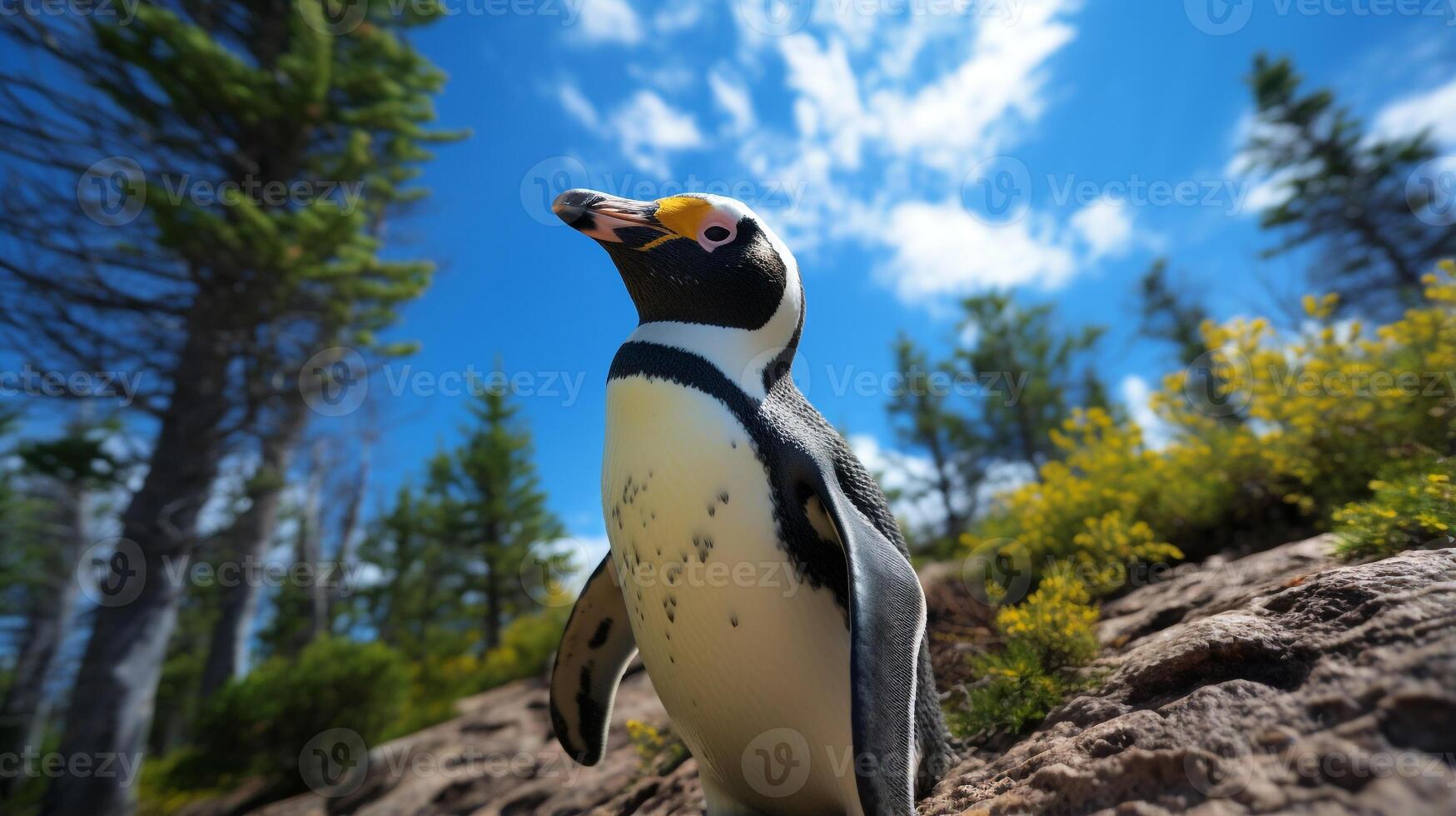 foto di pinguino nel là foresta con blu cielo. generativo ai