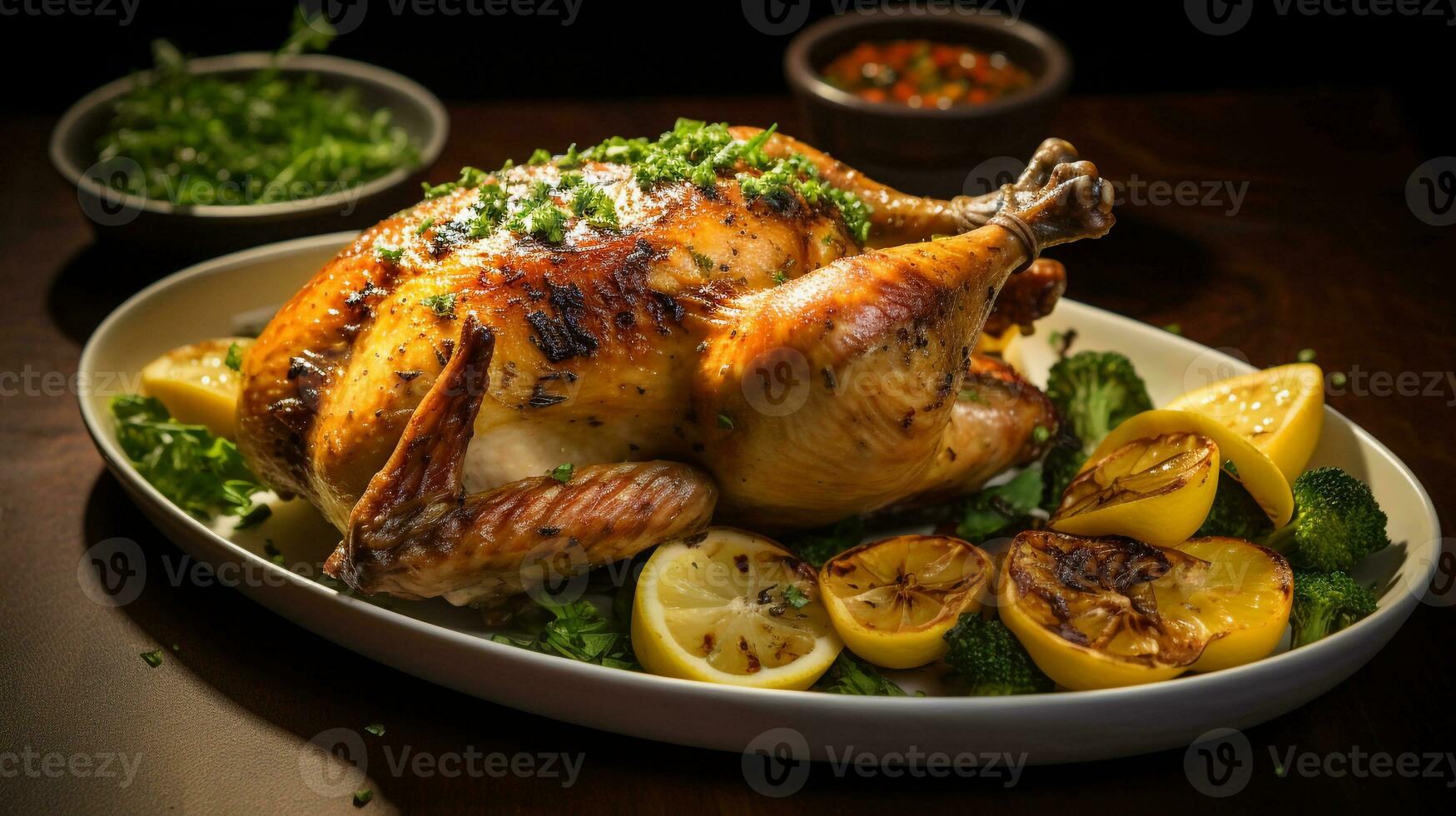 foto di Limone erba arrosto pollo come un' piatto nel un' fascia alta ristorante. generativo ai