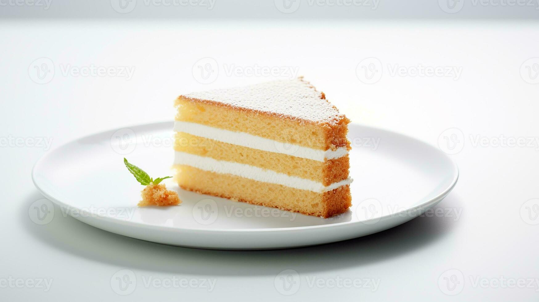 foto di fetta di genoise torta su bianca piatto. generativo ai
