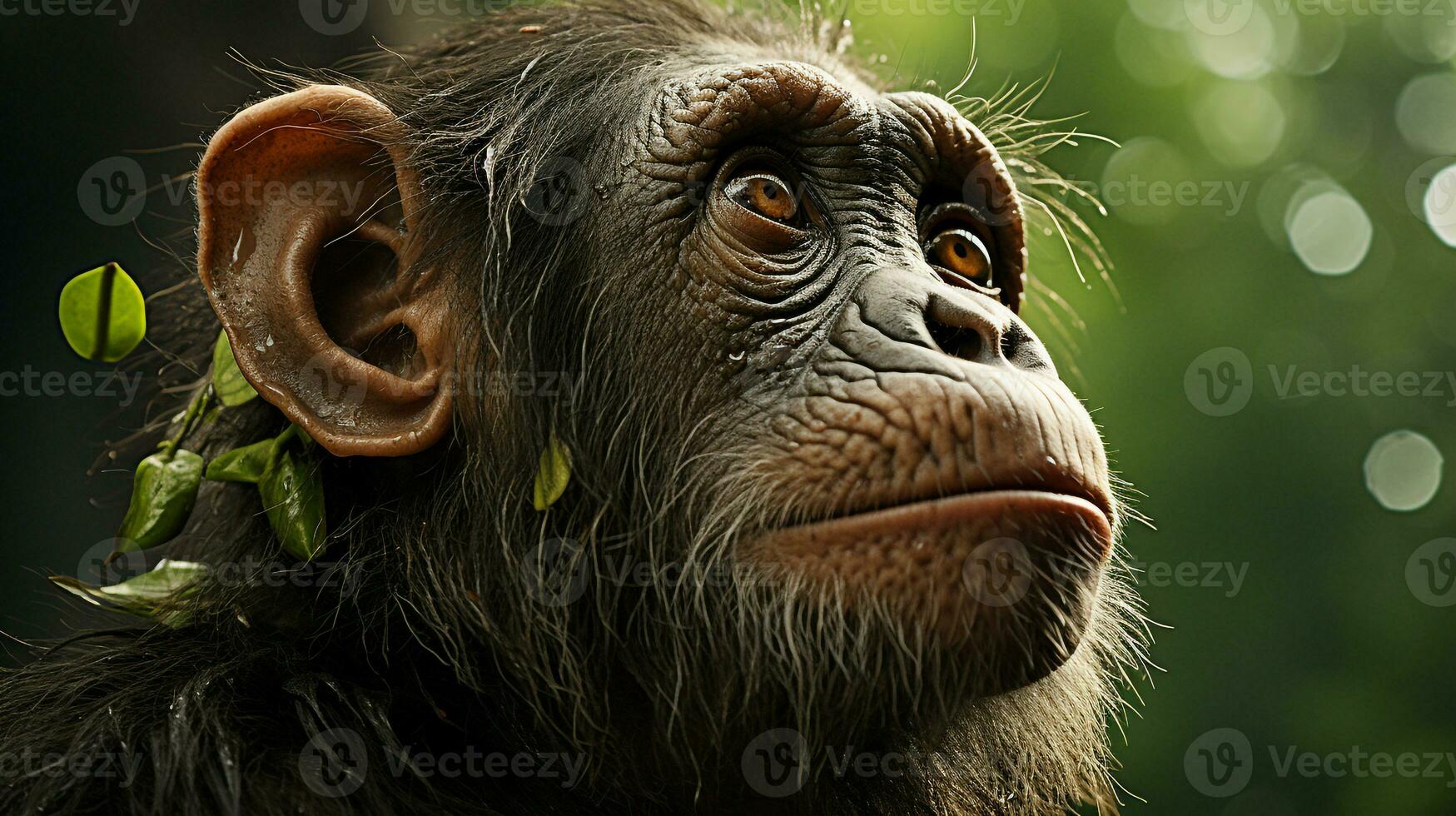 avvicinamento foto di un' scimpanzé guardare qualunque direzione su giungla. generativo ai