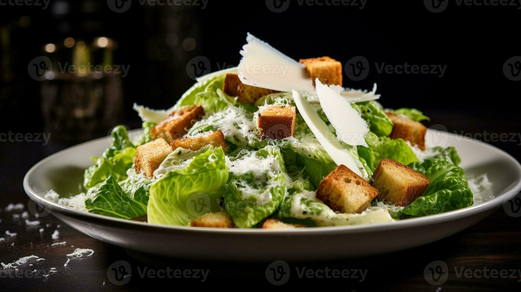 foto di classico Cesare insalata come un' piatto nel un' fascia alta ristorante. generativo ai
