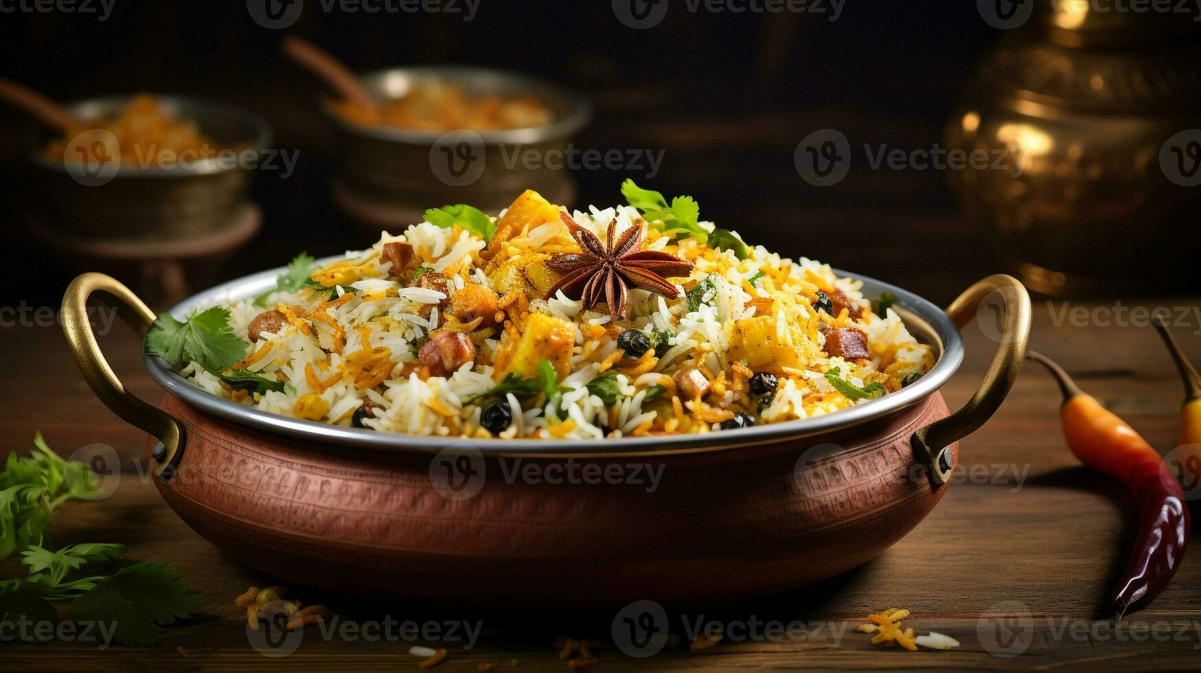 foto di biryani come un' piatto nel un' fascia alta ristorante. generativo ai