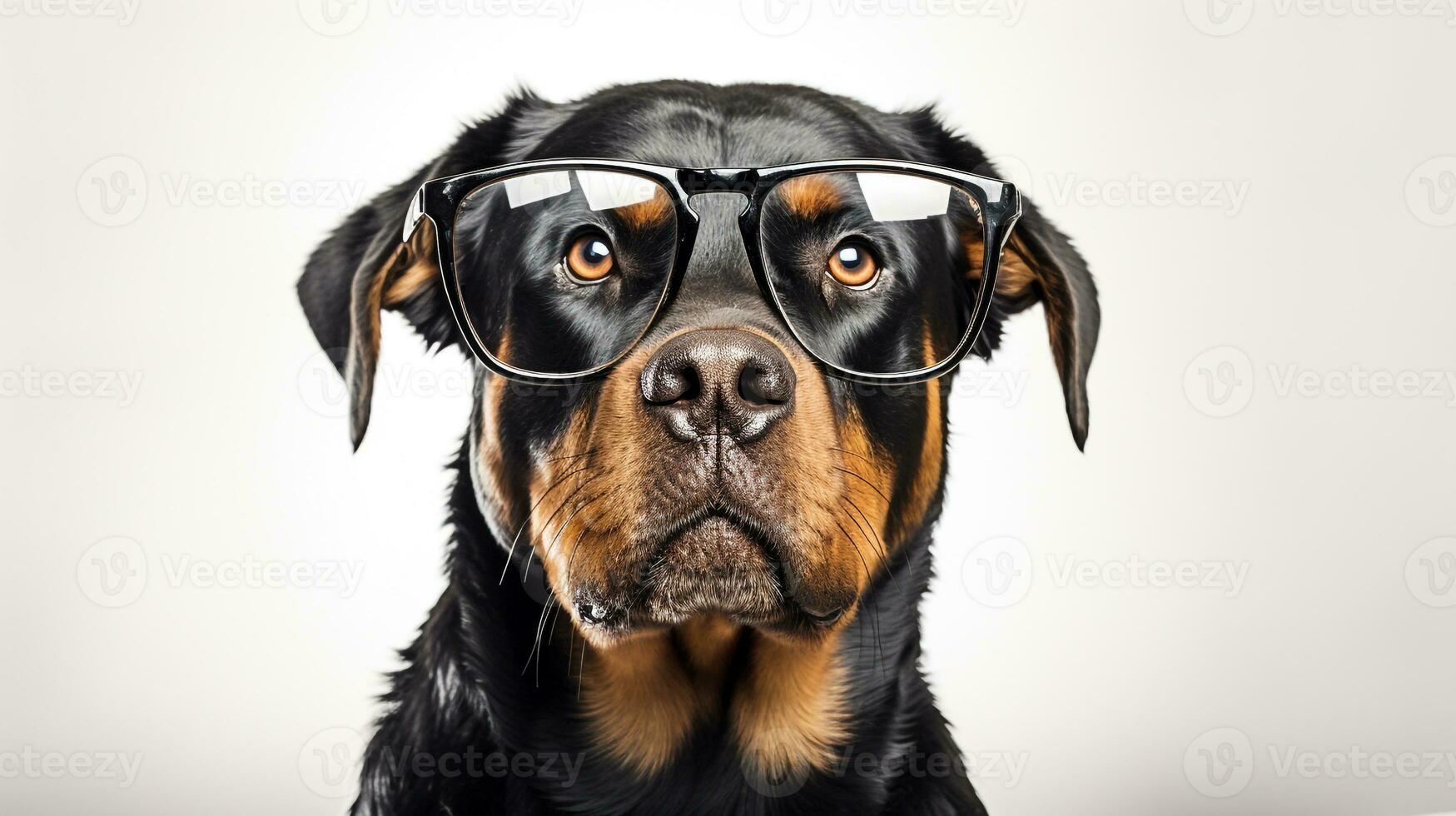 foto di un' rottweiler cane utilizzando occhiali isolato su bianca sfondo. generativo ai