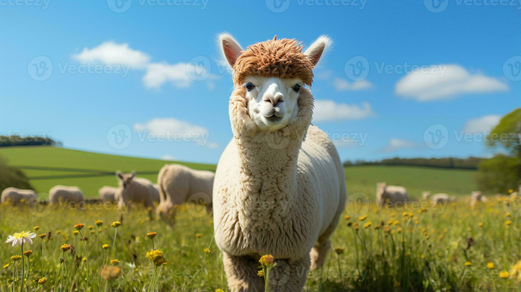 foto di un' alpaca nel il terreno agricolo. generativo ai