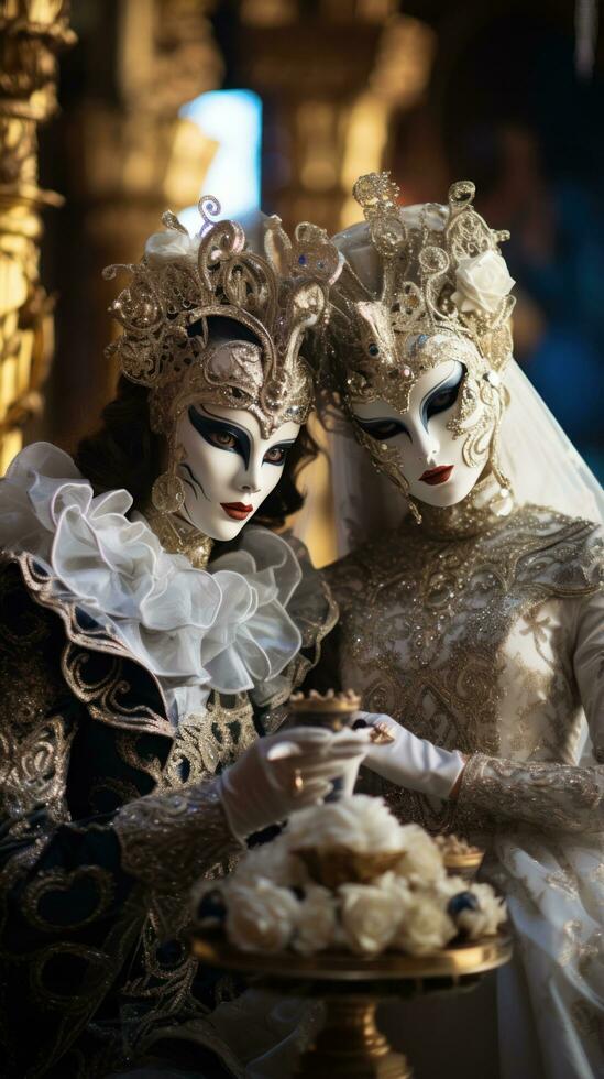 masquerade palla a Venezia carnevale con ornato maschere e costumi foto