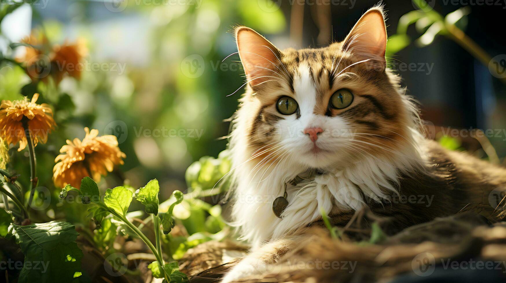 contento carino gatti nel fiori azienda agricola con luce del sole. ai generativo foto