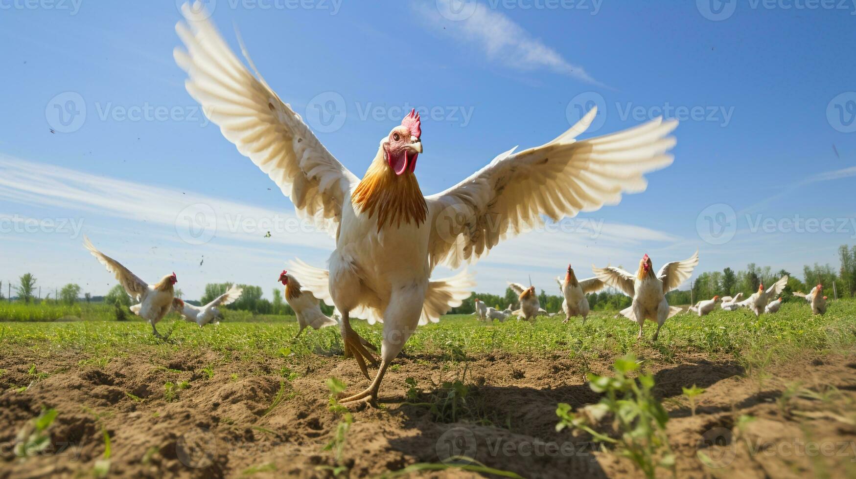 foto di un' pollame nel il terreno agricolo. generativo ai