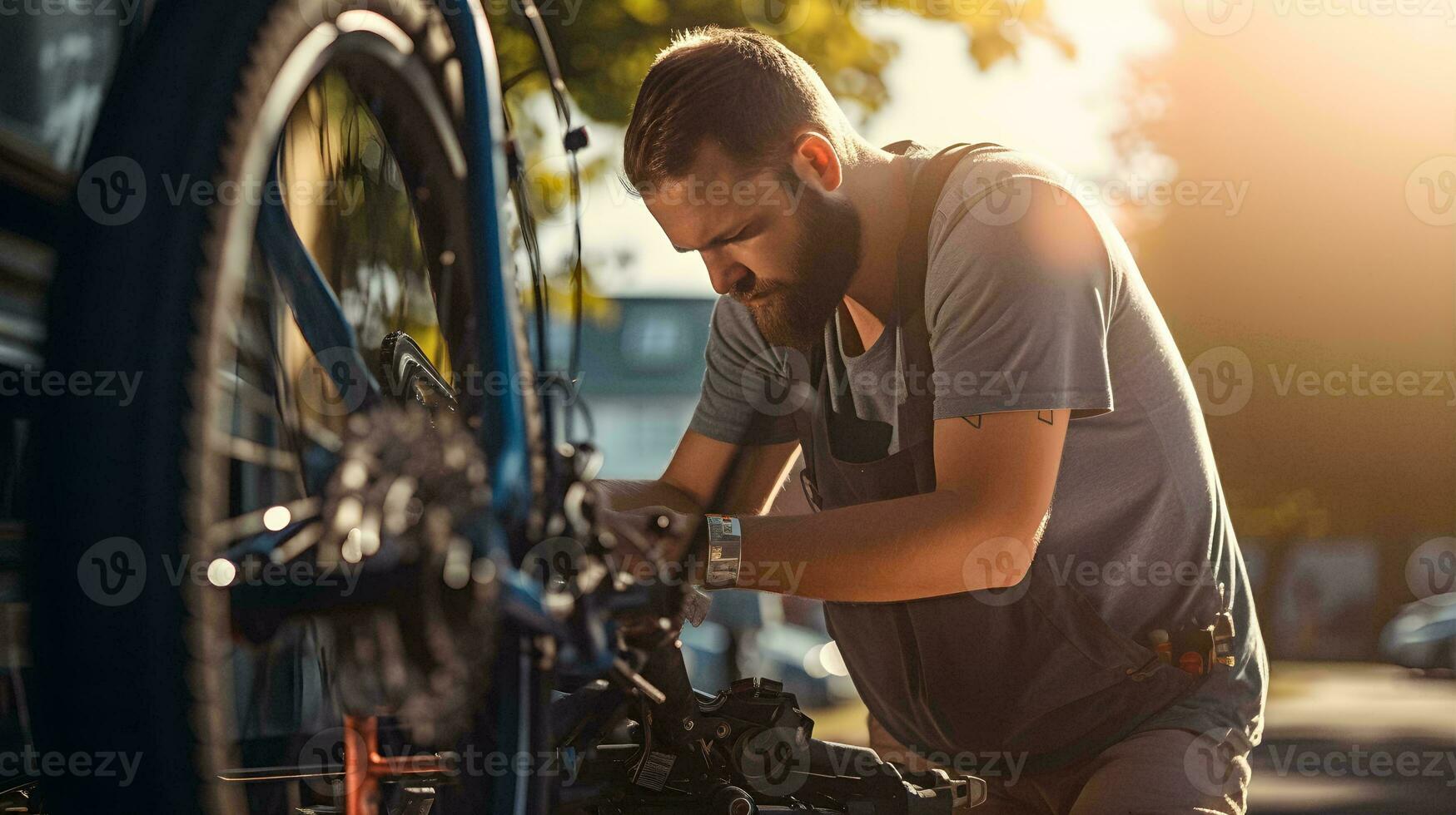 un' uomo è fissaggio un' bicicletta nel il sole ai generativo foto