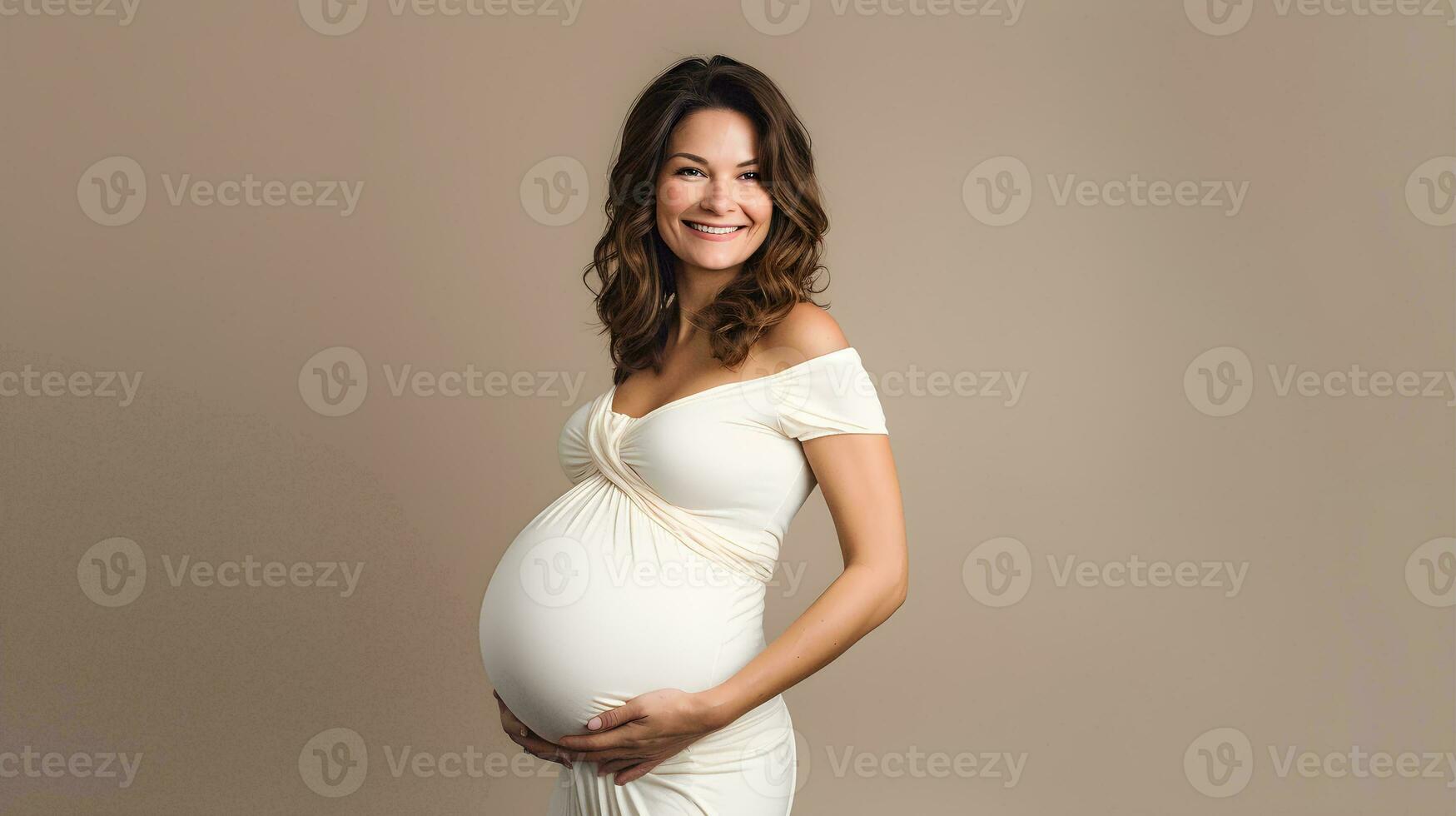 un' incinta donna nel un' bianca vestito ai generativo foto