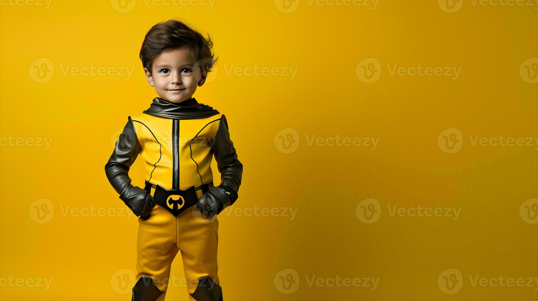 un' poco ragazzo nel un' giallo costume ai generativo foto