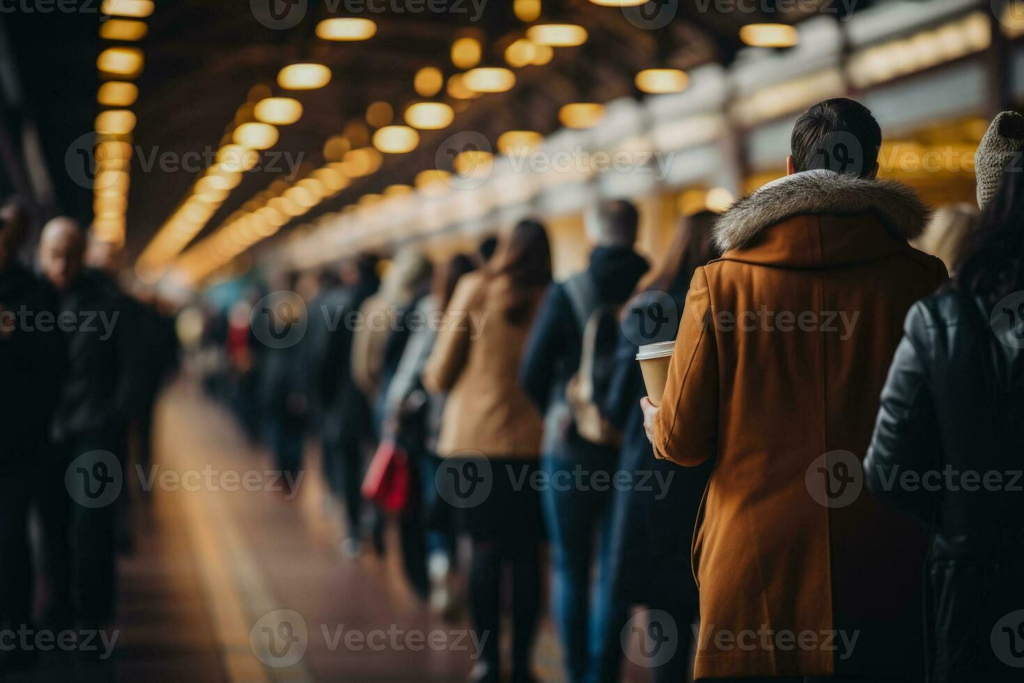 mattina corsa a treno stazioni vivace pendolari stringendo monouso caffè tazze foto