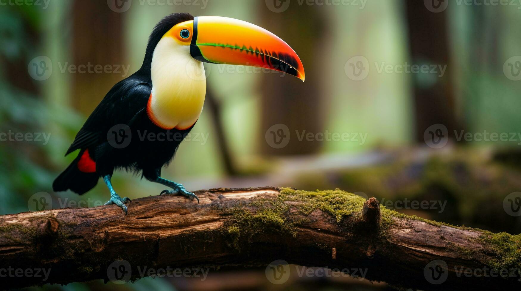 foto di un' tucano in piedi su un' caduto albero ramo a mattina. generativo ai