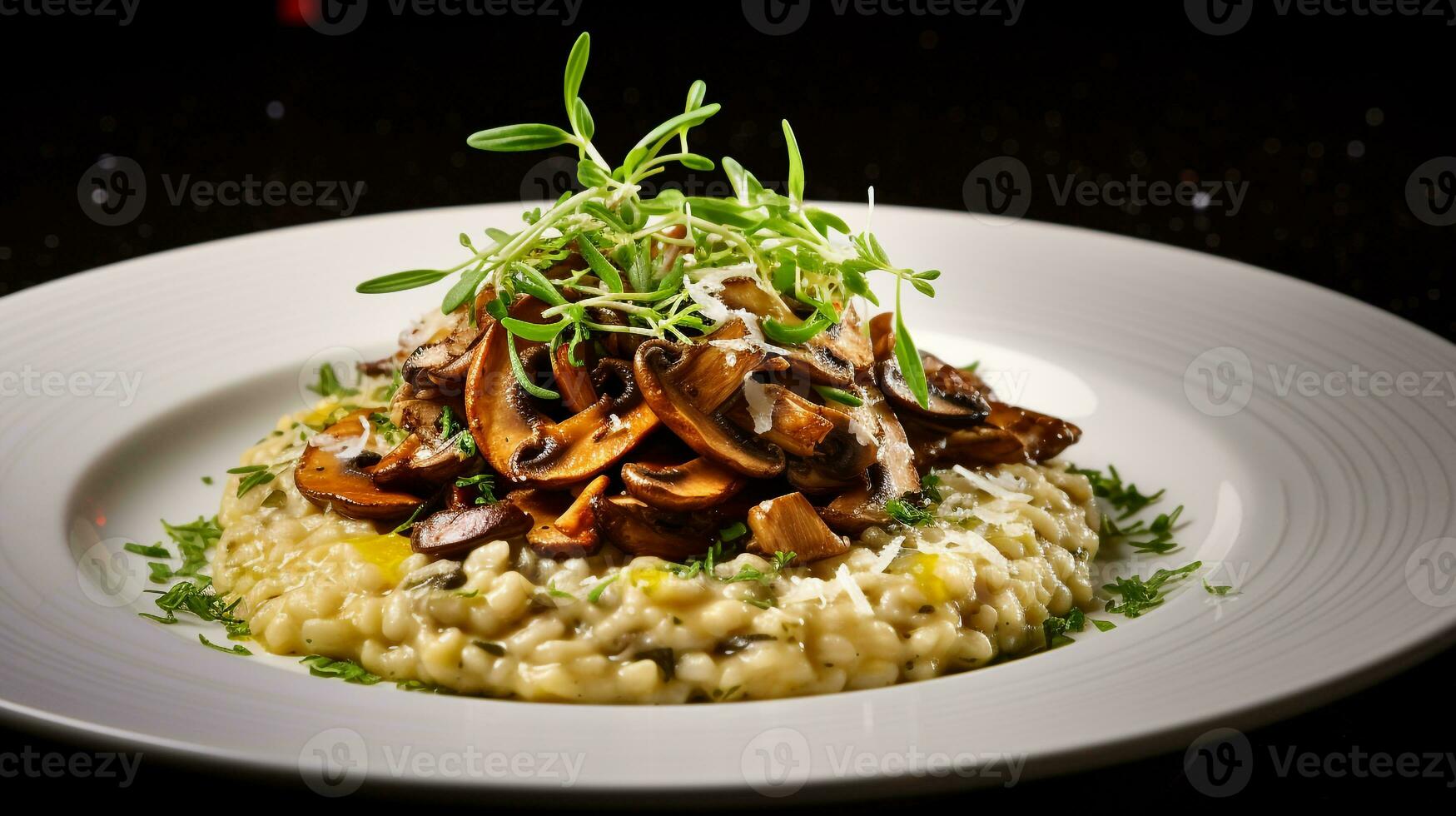 foto di fungo risotto come un' piatto nel un' fascia alta ristorante. generativo ai