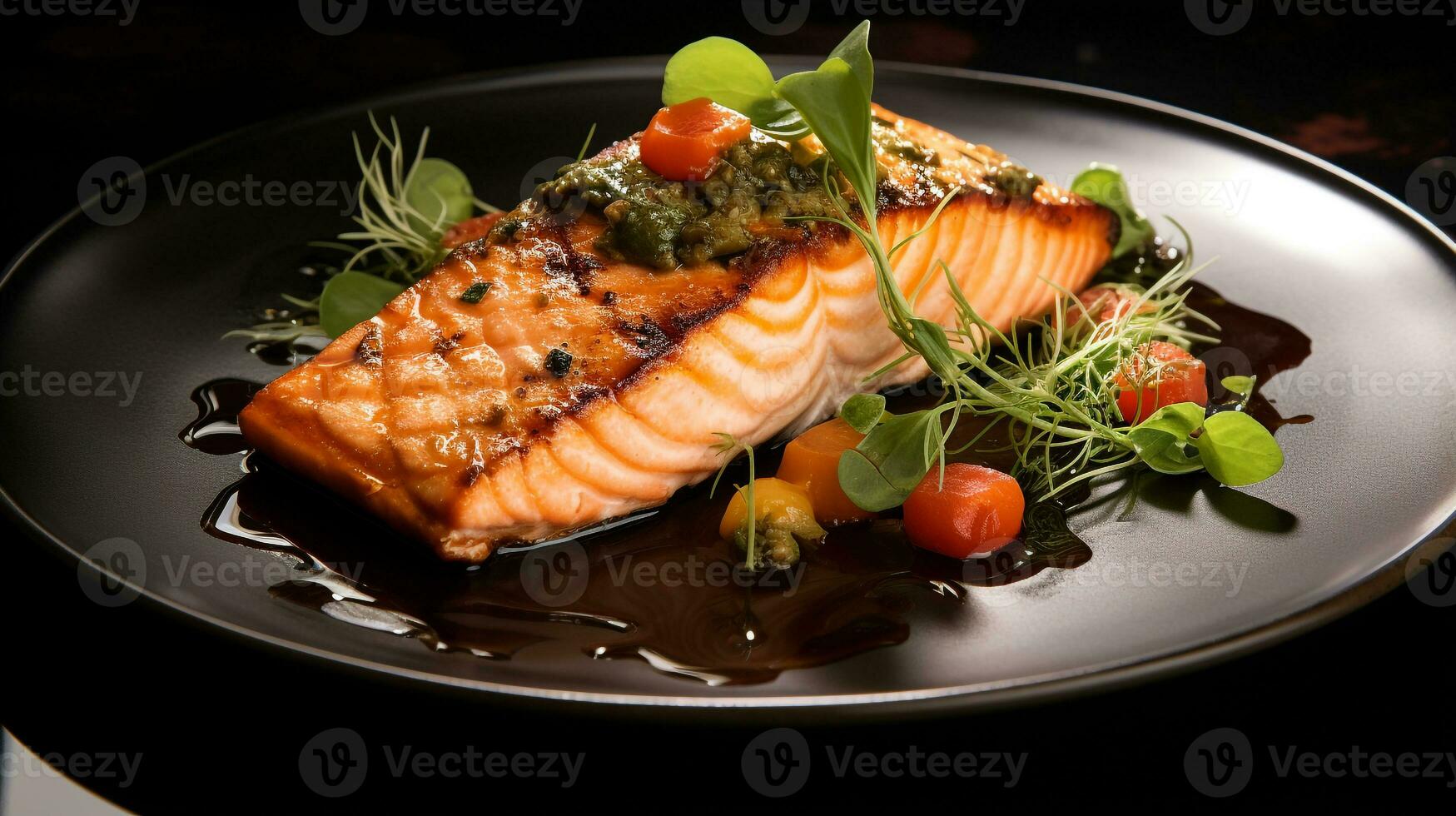 foto di grigliato salmone come un' piatto nel un' fascia alta ristorante. generativo ai