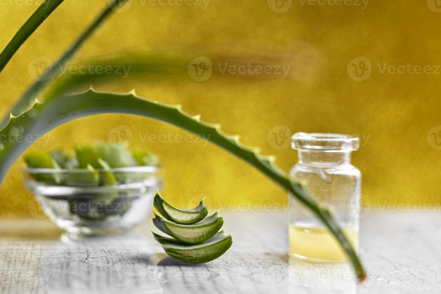 pezzi di pianta di aloe con gel all'interno in un primo piano di una ciotola di vetro. medicina alternativa. raccolta del succo di aloe, per la cura delle malattie della pelle. foto