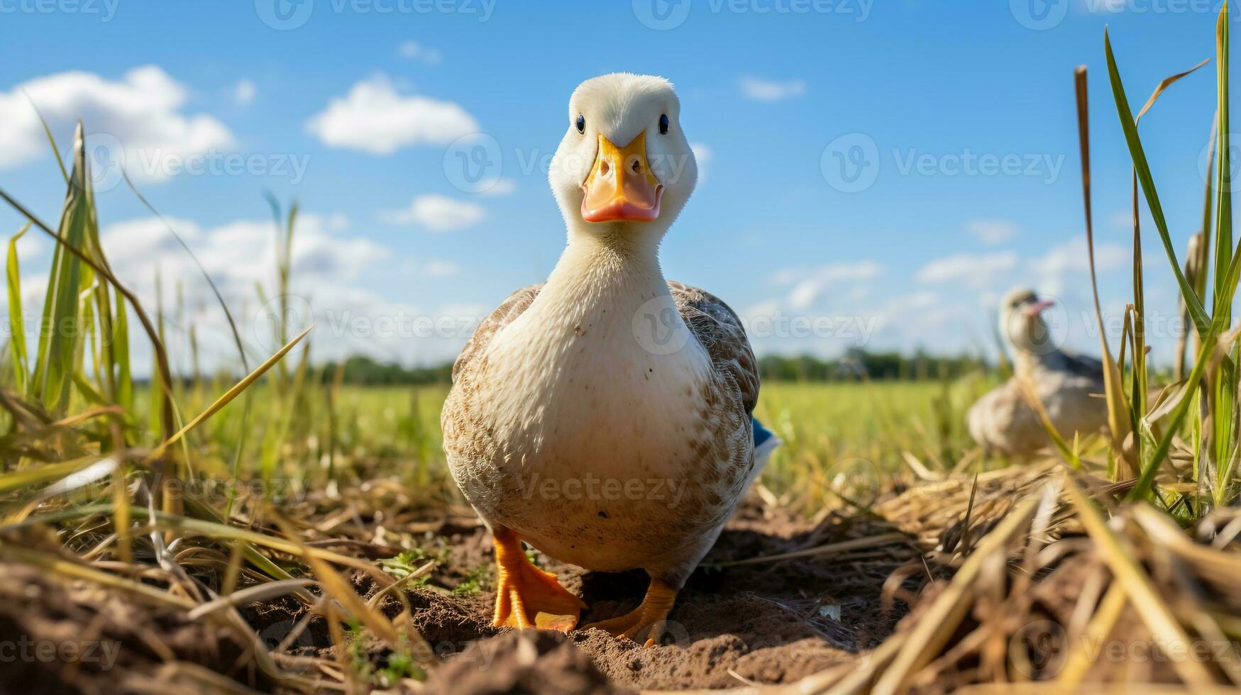 foto di un' anatra nel il terreno agricolo. generativo ai