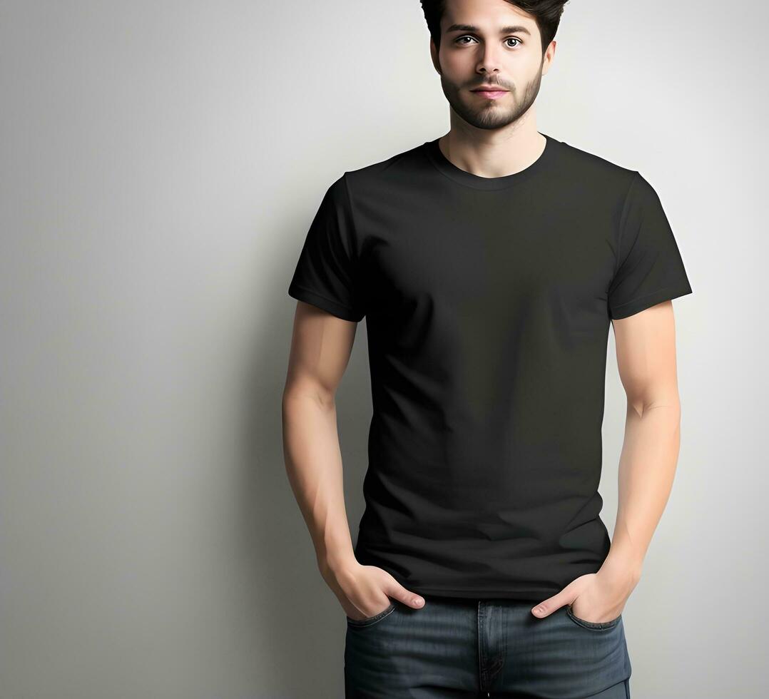 giovane uomo indossare vuoto nero t camicia modello Stampa presentazione modello ai creare foto