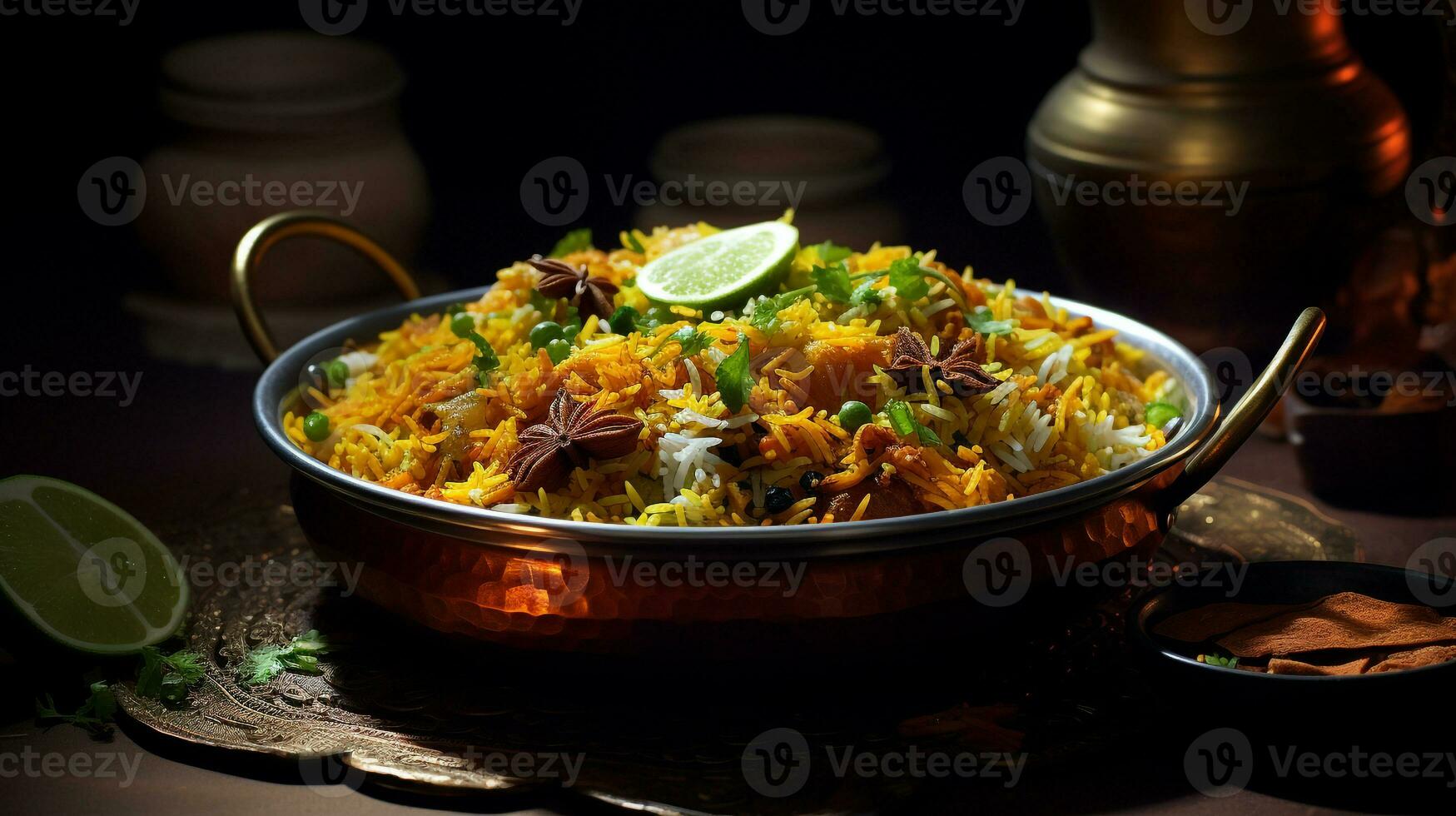 foto di biryani come un' piatto nel un' fascia alta ristorante. generativo ai