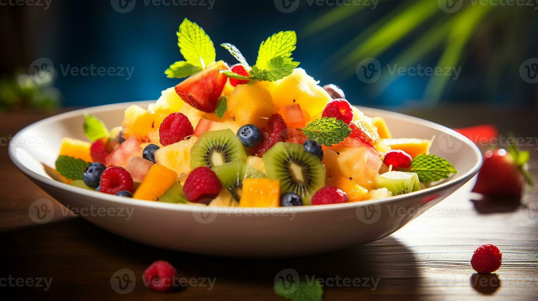 foto di tropicale frutta insalata con miele-tiglio condimento come un' piatto nel un' fascia alta ristorante. generativo ai