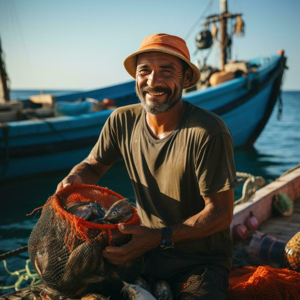 sostenibile pesca. un' pescatore detiene un' netto con fresco foto