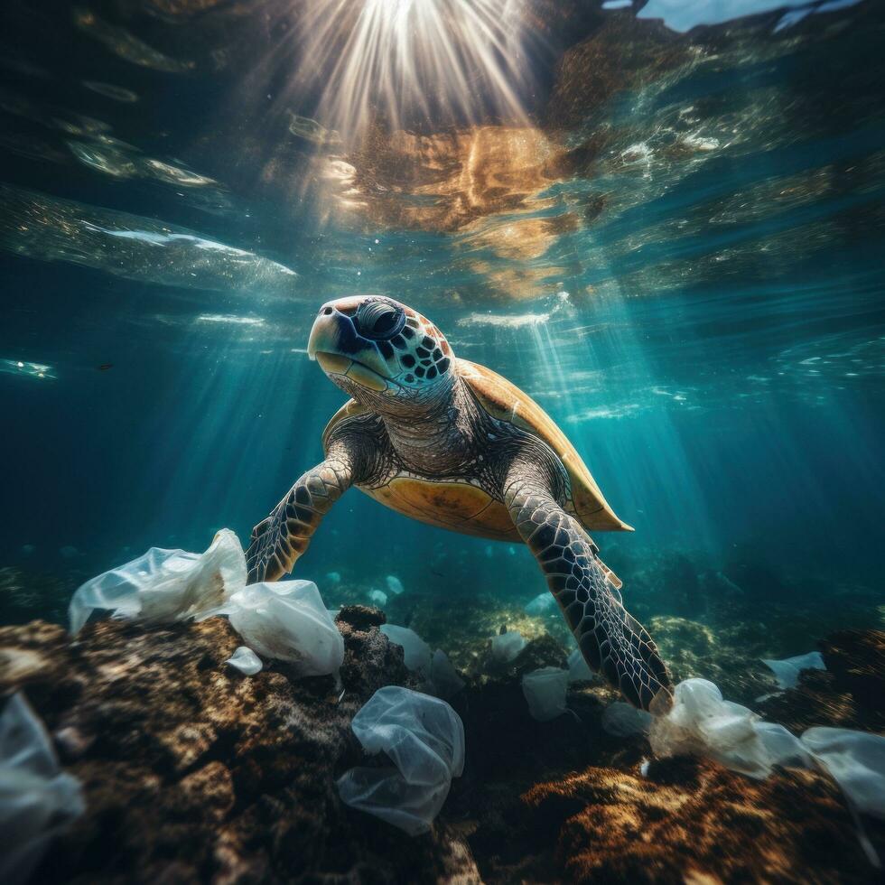 plastica inquinamento. un' mare tartaruga lotte con un' plastica Borsa foto