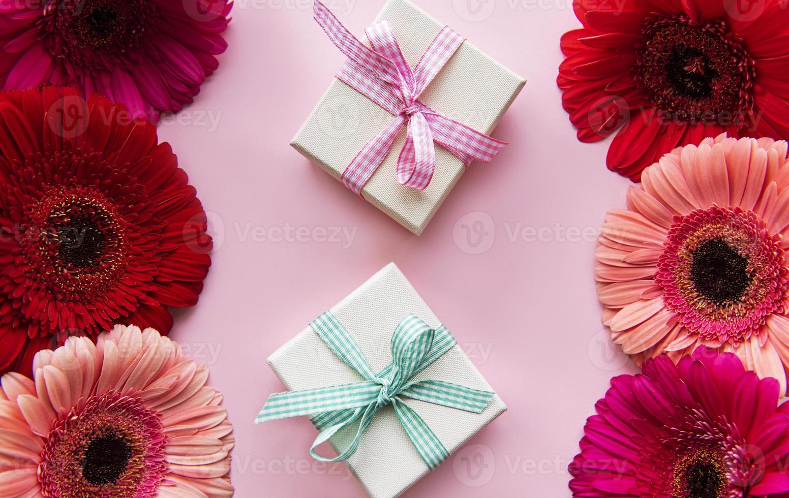 fiori di gerbera e scatole regalo su un rosa foto