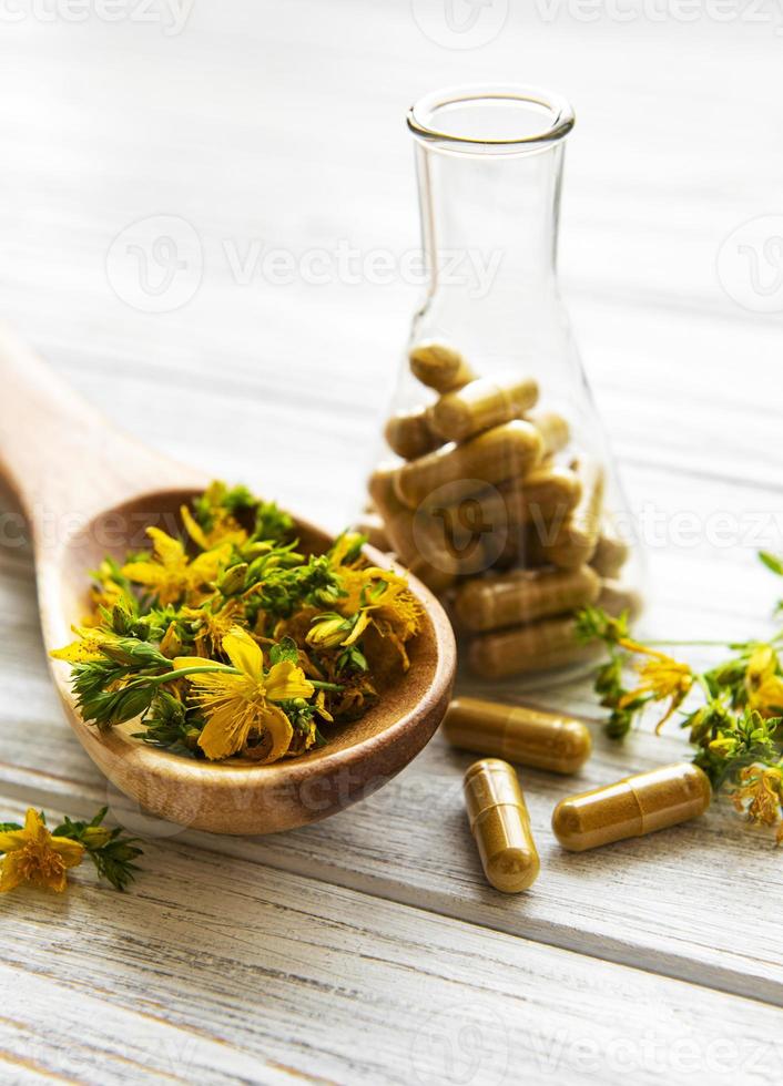 st. erba di San Giovanni, pillole medicinali a base di erbe foto