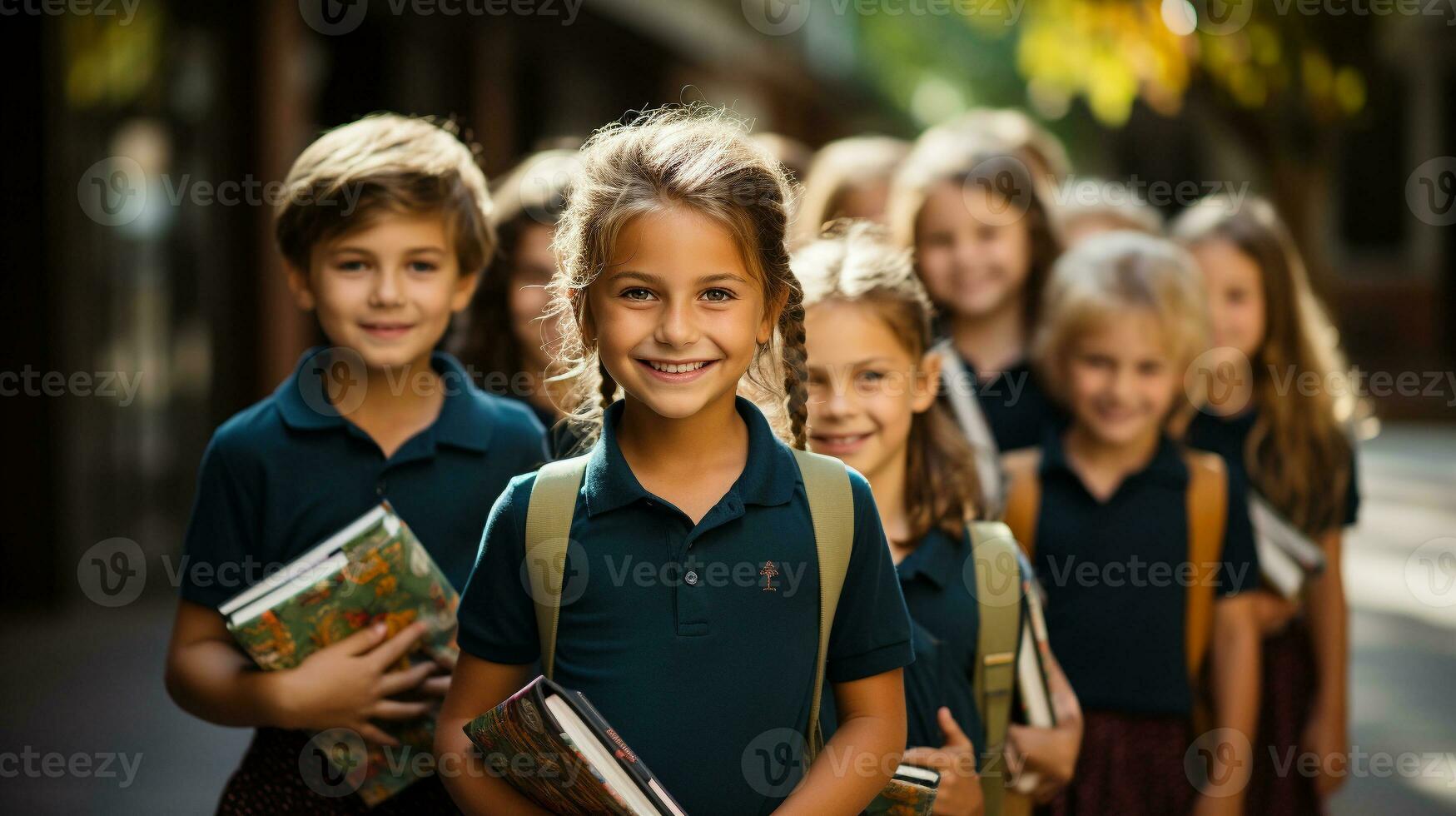 contento e eccitato giovane bambini studenti a piedi su il città universitaria di loro scuola - generativo ai. foto