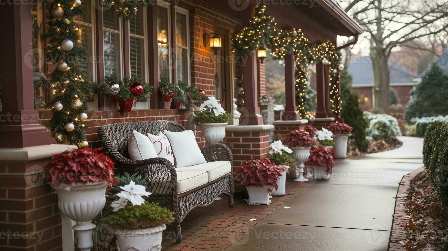 bellissimo Natale decorato davanti porta e veranda di un' Casa su un' inverno sera. generativo ai. foto