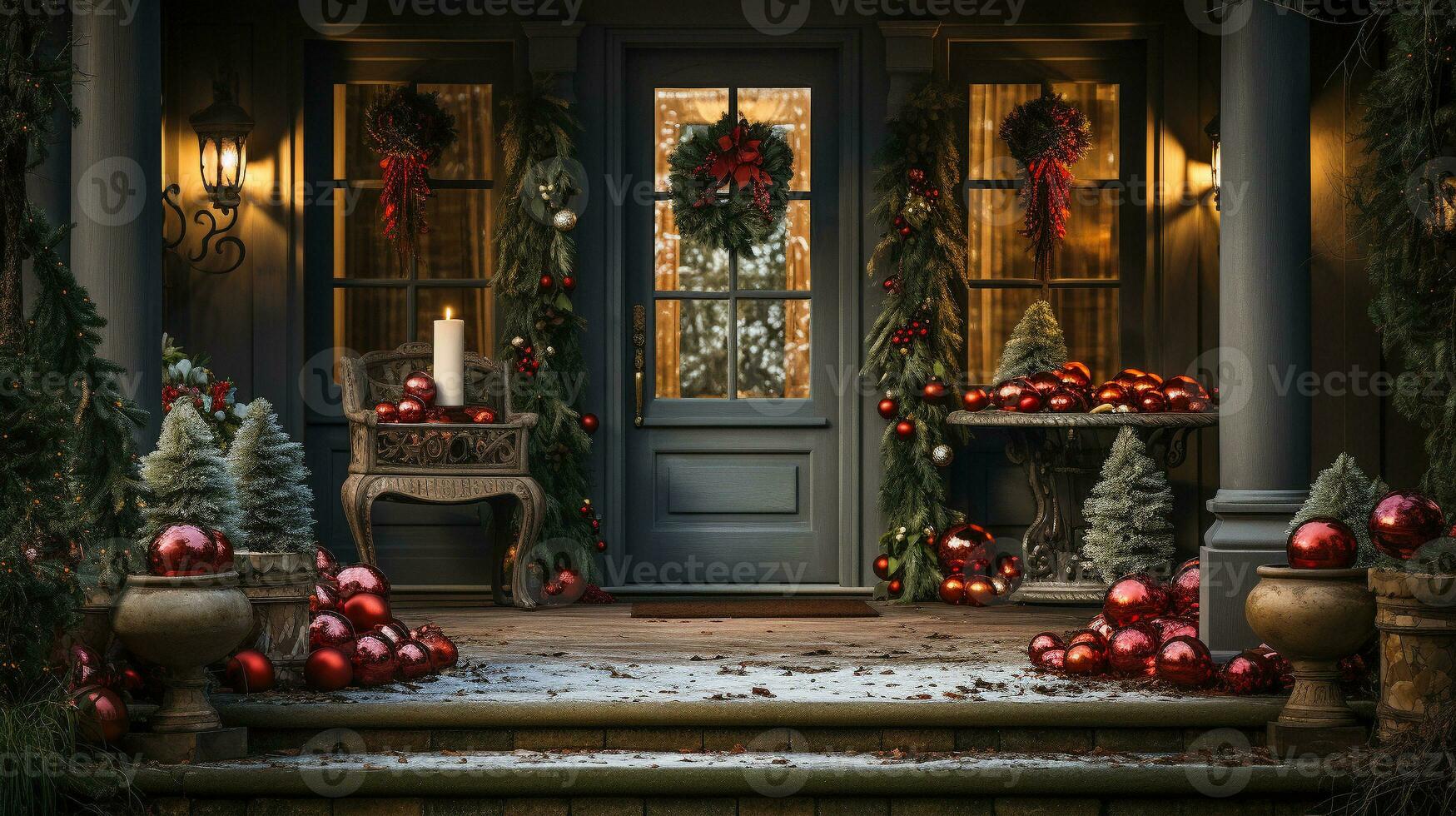 bellissimo Natale decorato davanti porta e veranda di un' Casa su un' inverno sera. generativo ai. foto