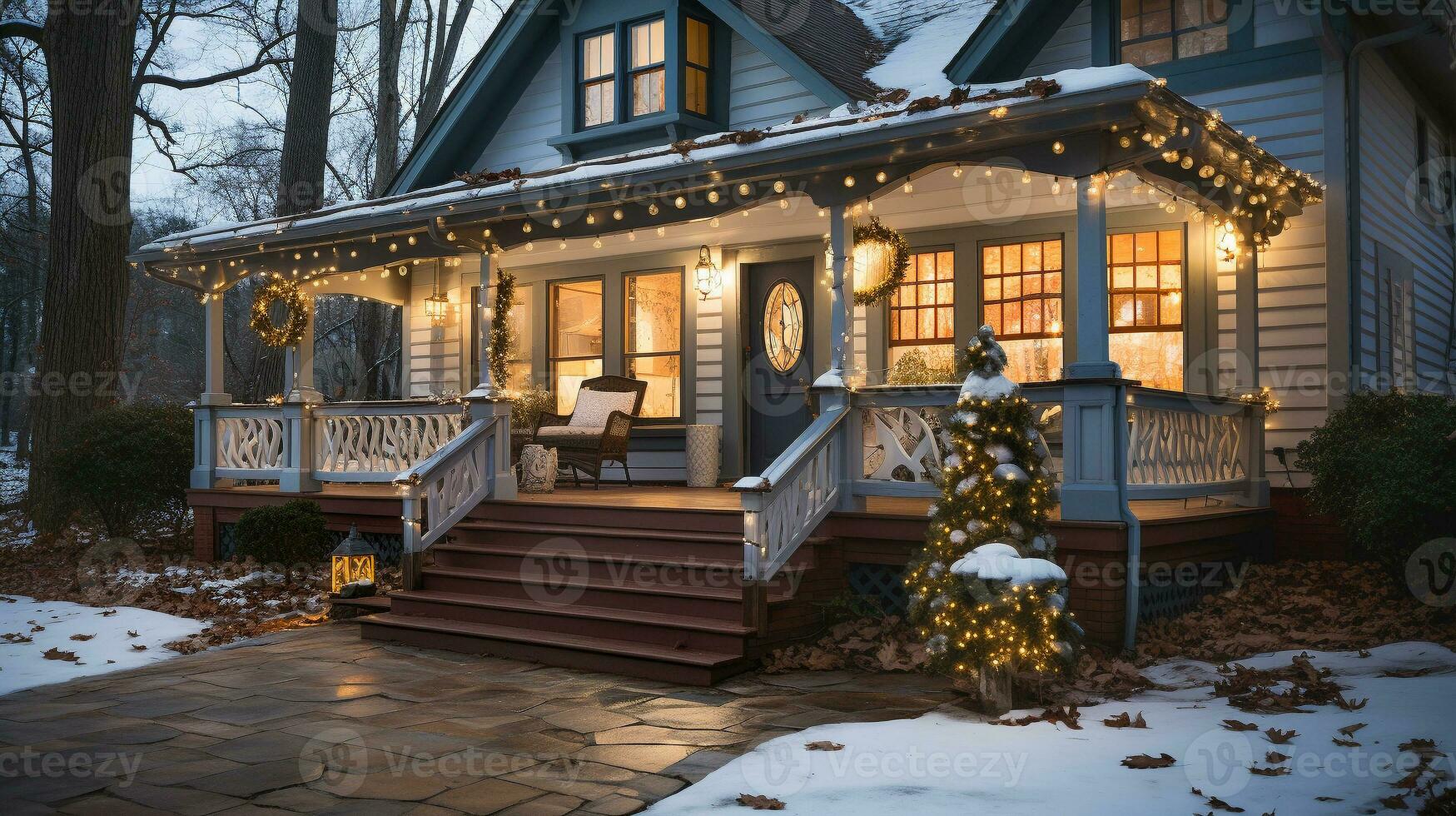 bellissimo Natale decorato davanti porta e veranda di un' Casa su un' inverno sera. generativo ai. foto