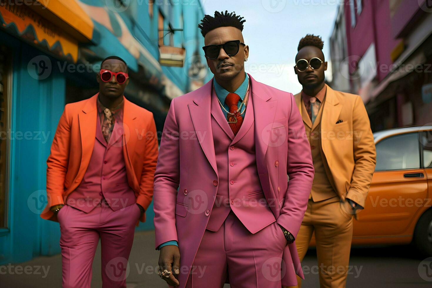 un' gruppo di uomini indossare colorato completo da uomo foto