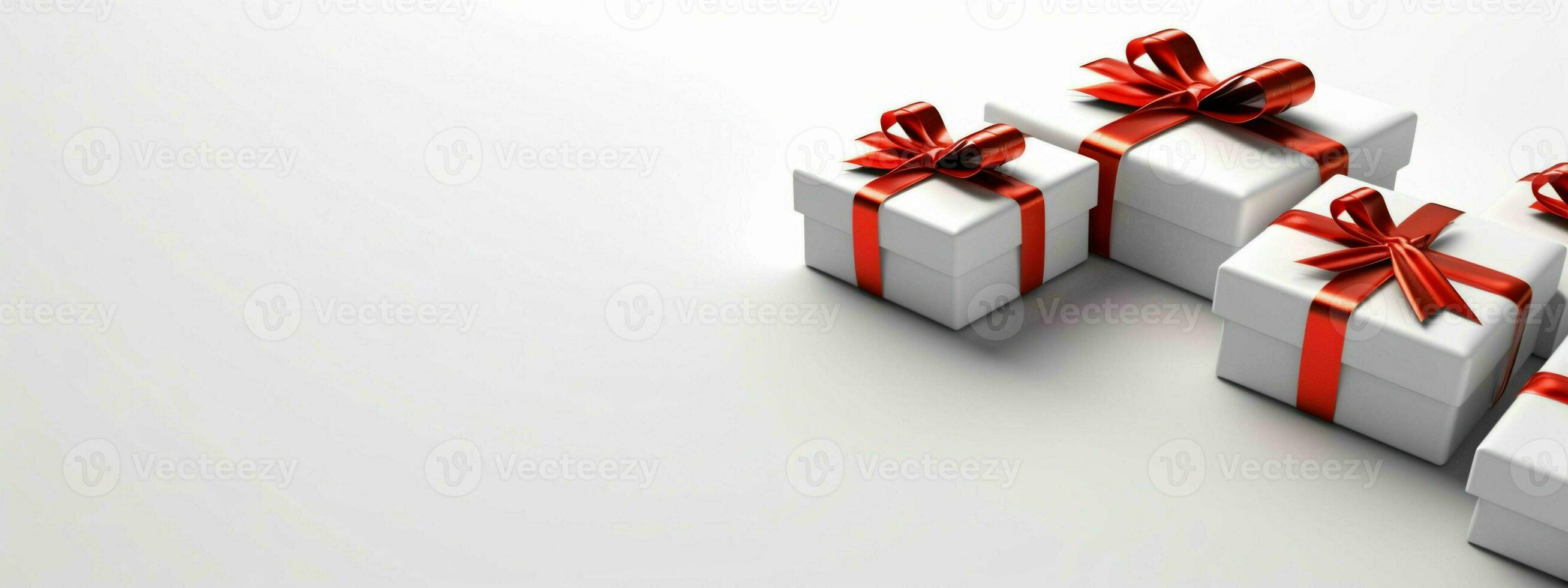 bianca regalo scatole con rosso nastro su bianca studio sfondo. generativo ai foto