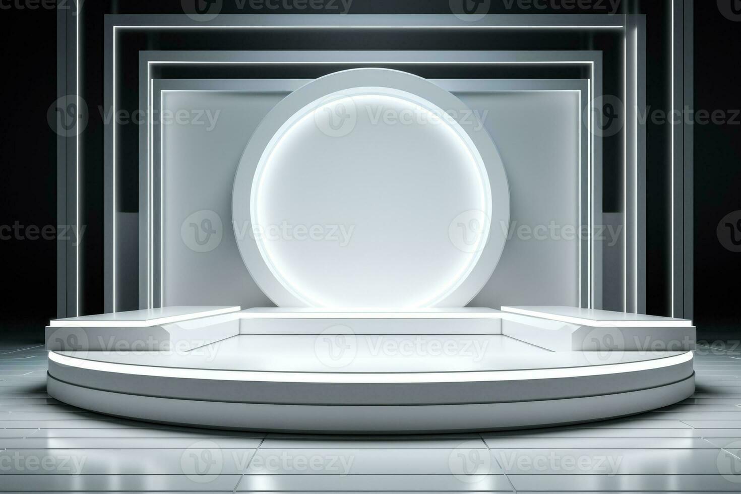 futuristico geometrico palcoscenico con bianca astratto leggero e annuncio pubblicitario mensola foto