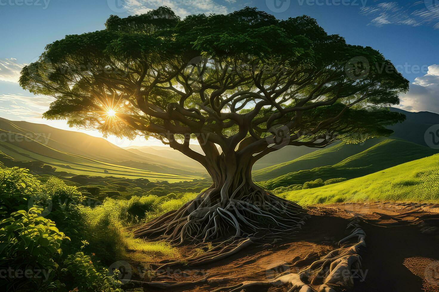 banyan albero su collina pomeriggio vento fiorito campo generativo ai foto