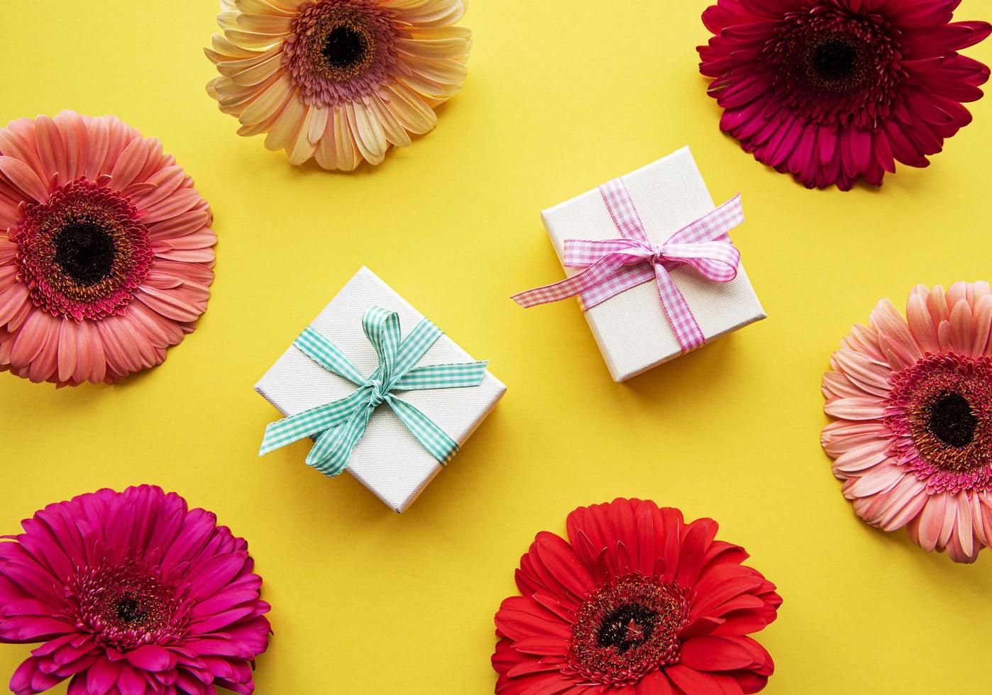 fiori di gerbera e scatole regalo su un giallo foto