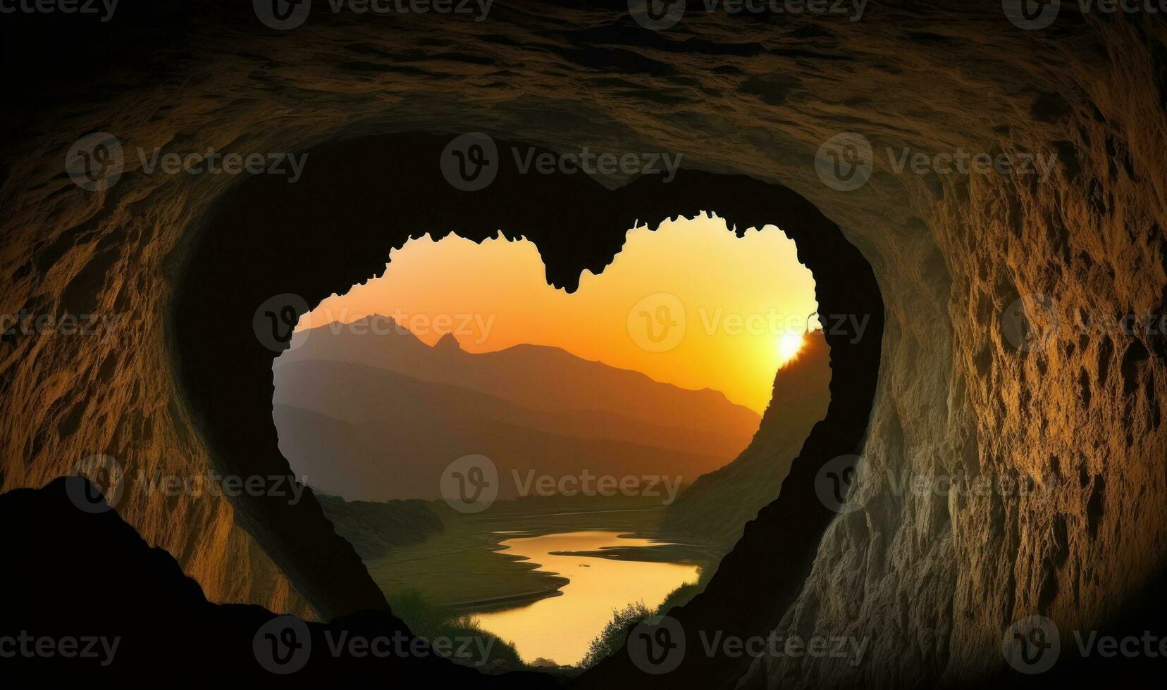 etereo tramonto al di sopra di a forma di cuore grotta e montagne foto