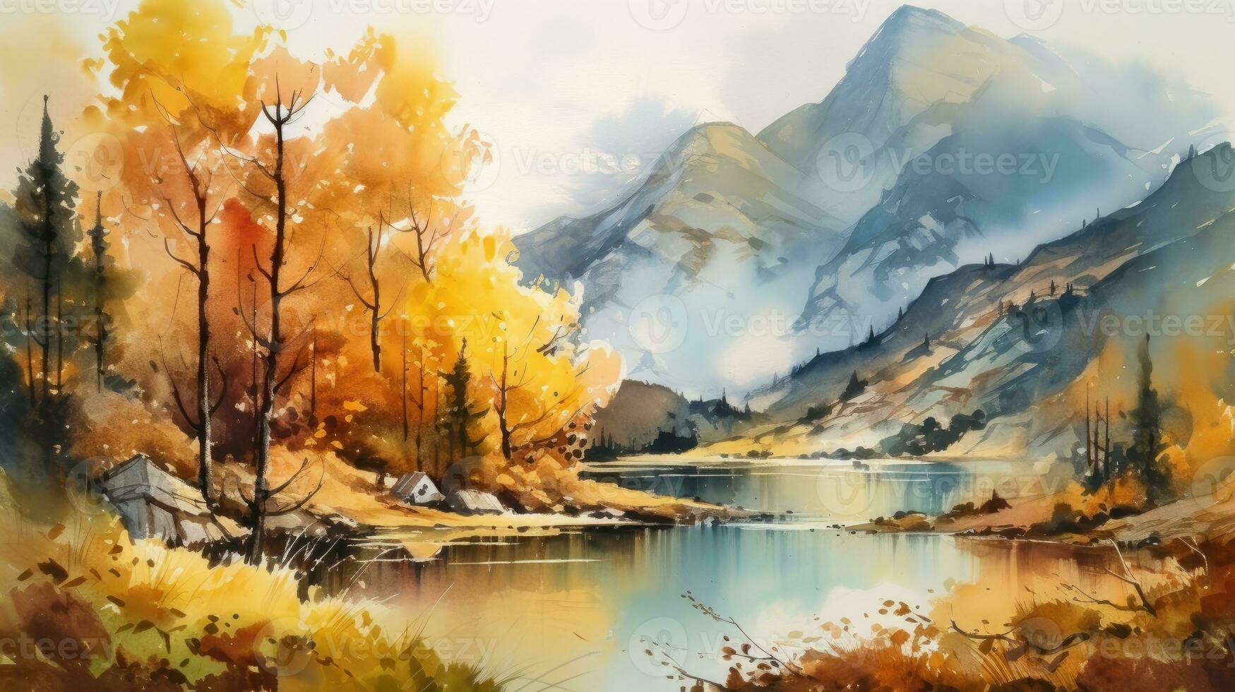 autunnale paesaggio con montagne foreste e un' lago nel acquerello foto