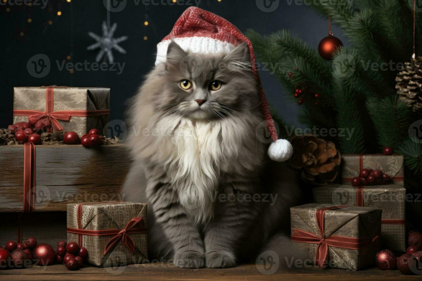 contento gatto con Natale cappello tra Natale i regali ai generato foto