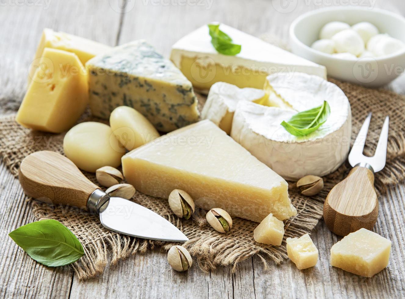 diversi tipi di formaggio con basilico e noci foto