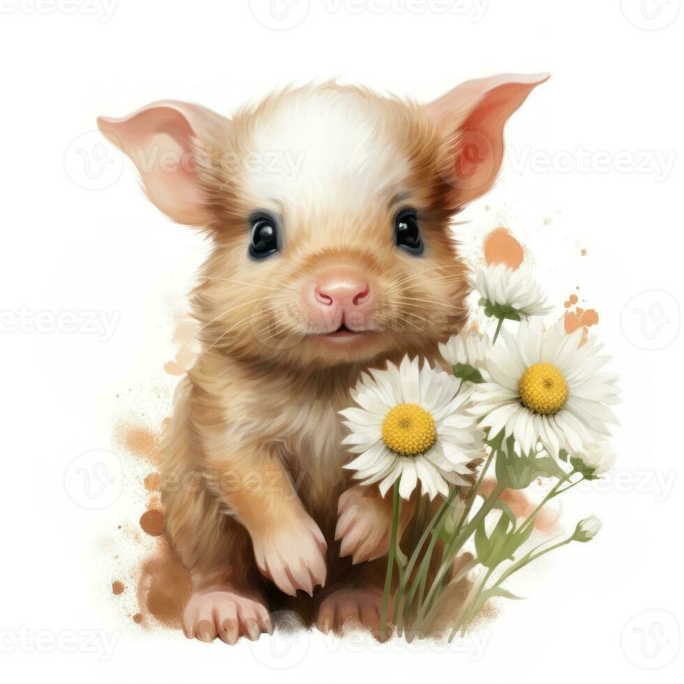 adorabile bambino maiale con margherite acquerello clipart ai generato foto