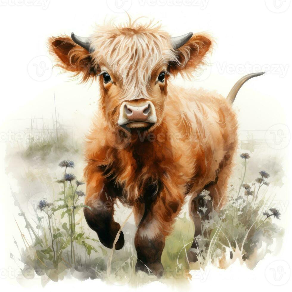 adorabile bambino montanaro mucca in esecuzione attraverso campo acquerello clipart ai generato foto