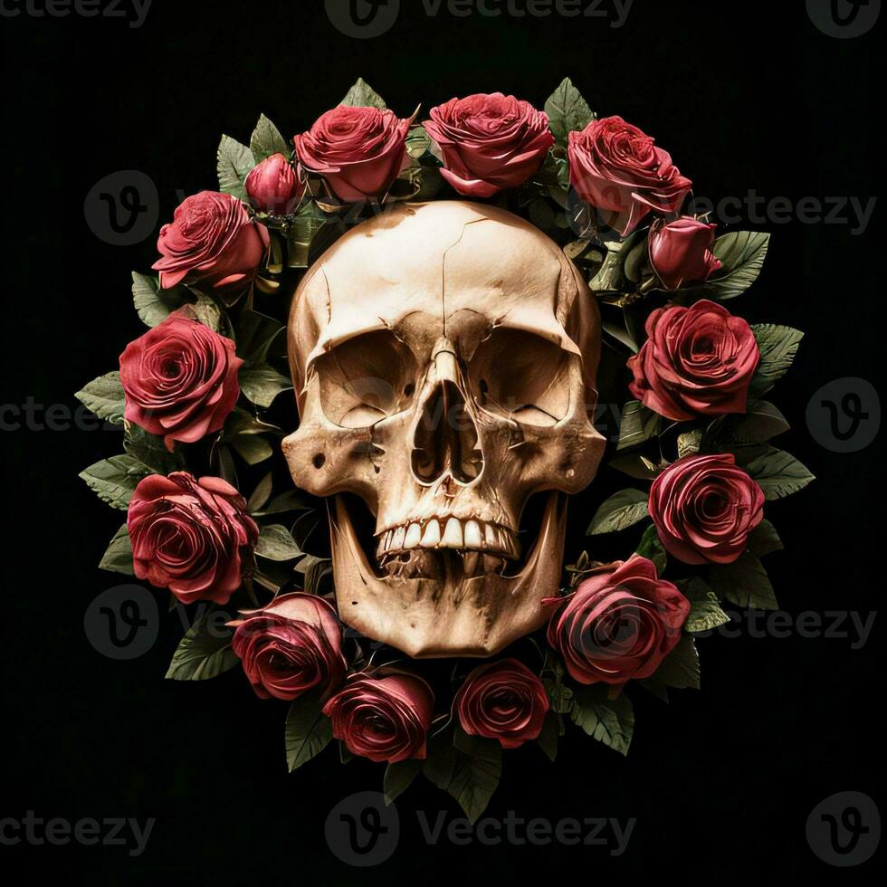 il cranio e Rose su il nero sfondo foto