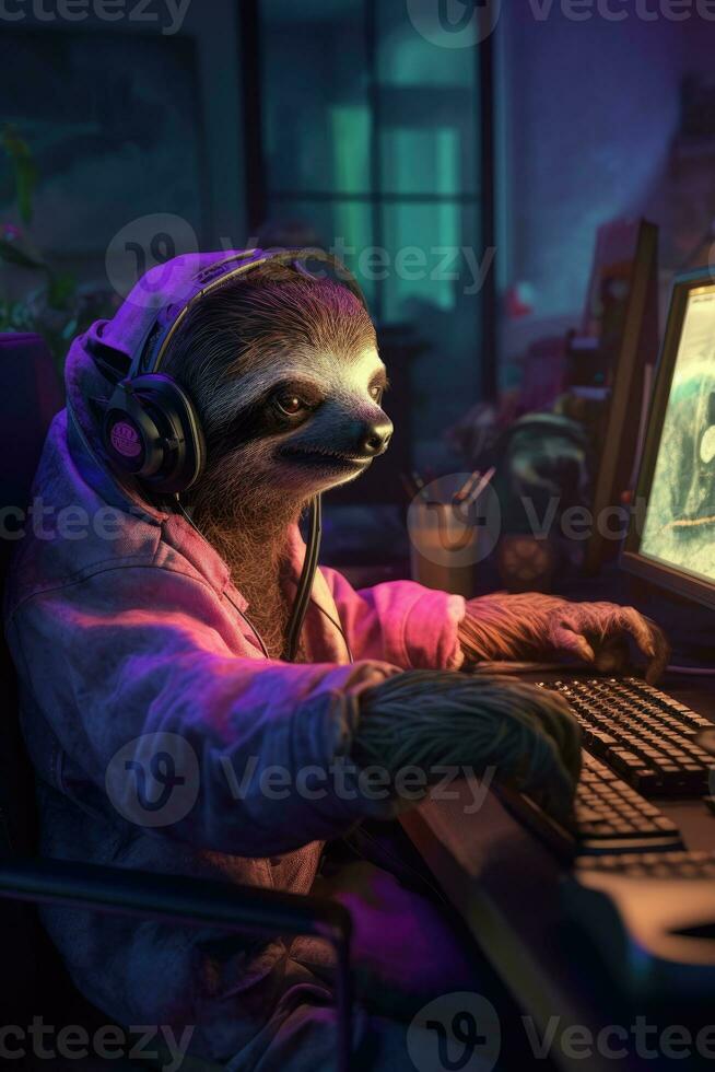 bradipo gamer umanizzato giocando computer tenere sotto controllo tastiera felpa con cappuccio cuffie realistico informatica foto