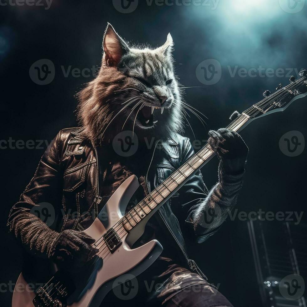 gatto cantante realistico foto roccia metallo chitarra basso palcoscenico scena professionale tiro musica concerto gruppo musicale