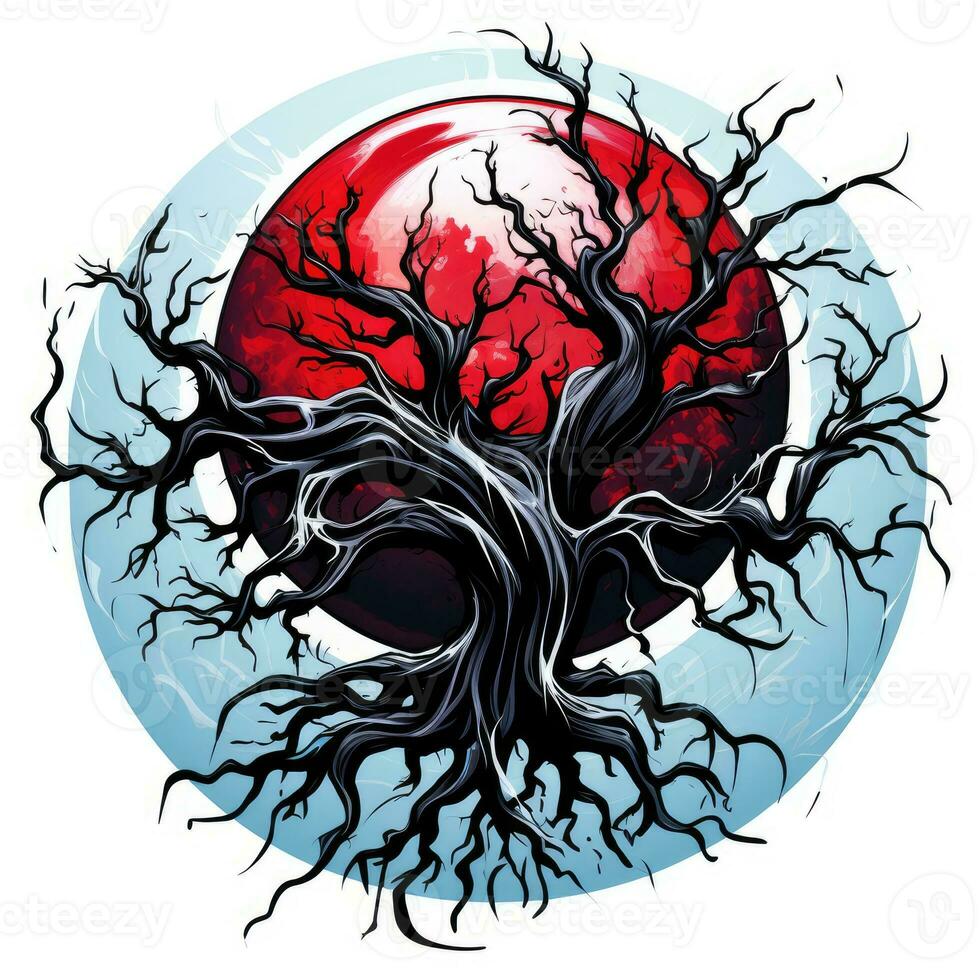 albero sangue Luna Halloween illustrazione pauroso orrore design tatuaggio vettore isolato etichetta fantasia foto