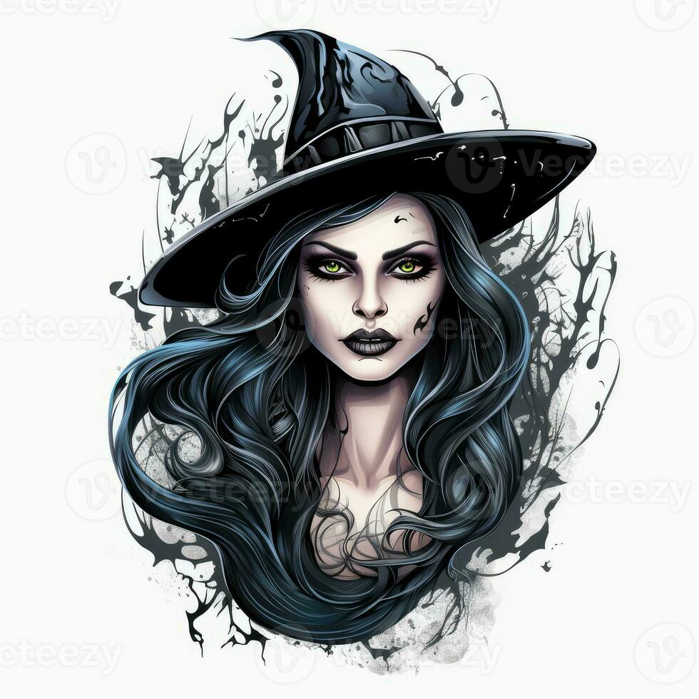 strega maga ritratto Halloween illustrazione pauroso orrore tatuaggio vettore isolato etichetta fantasia foto