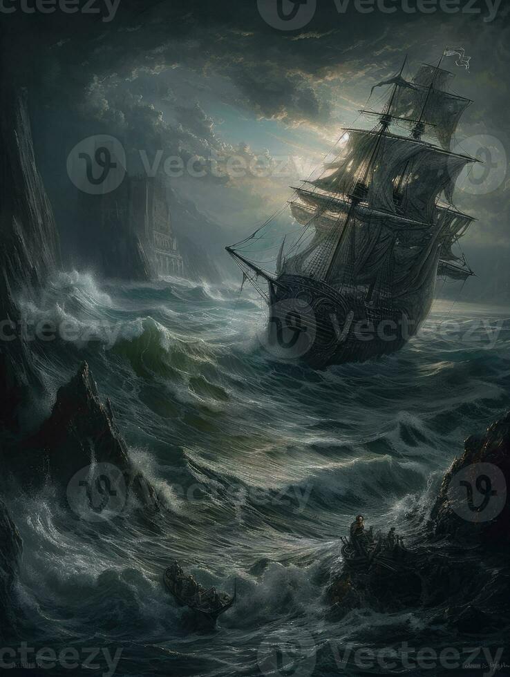 nave mare onda epico buio fantasia illustrazione arte pauroso dettagliato manifesto olio pittura apocalisse foto